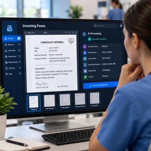 Illustration of a clinician reviewing an incoming medical fax on a computer